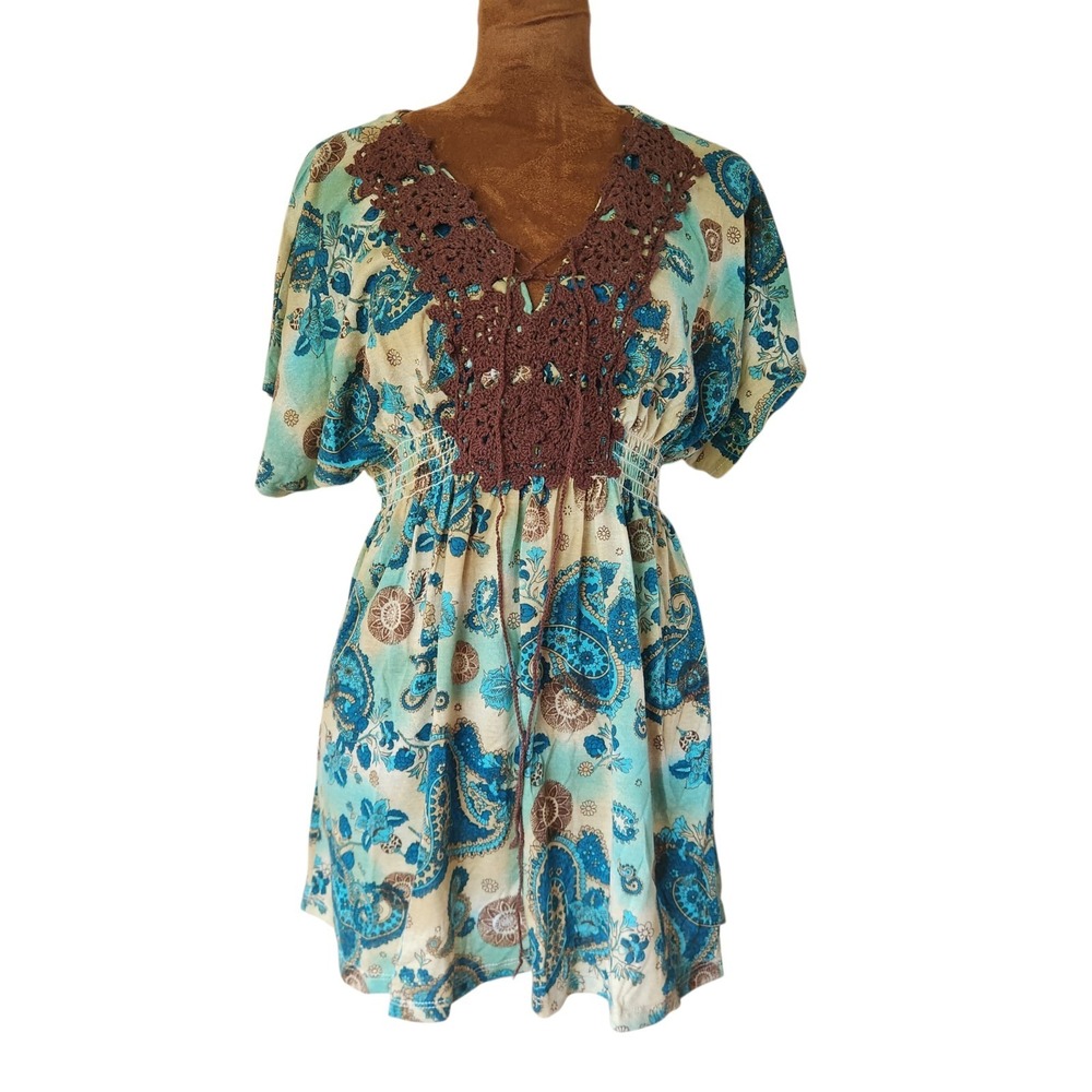 Route 66 Babydoll Top XL Brown Crochet Tassel Trim Blue Y2K‎  Earthy Boho